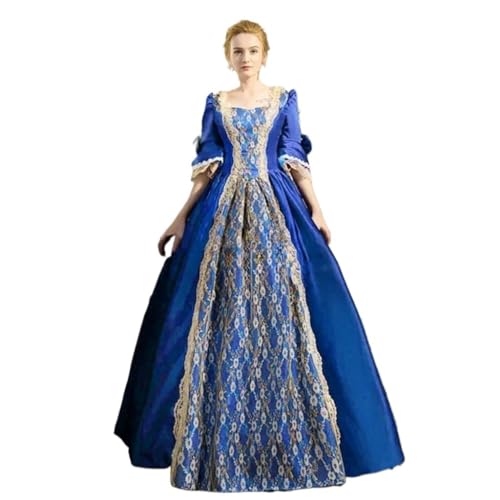 ZACUNXY Mittelalter Kostüm, Mittelalter Kleidung 18. Jahrhundert Mittelalterliche Frauen Hohe Taille Halbarm Ballkleider Prinzessin Spitze Patchwork Satin Kleid Königin Kostüm(Blue,M) von ZACUNXY