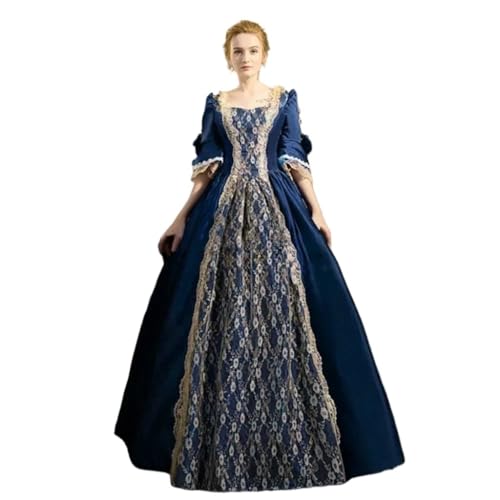 ZACUNXY Mittelalter Kostüm, Mittelalter Kleidung 18. Jahrhundert Mittelalterliche Frauen Hohe Taille Halbarm Ballkleider Prinzessin Spitze Patchwork Satin Kleid Königin Kostüm(Blue2,M) von ZACUNXY