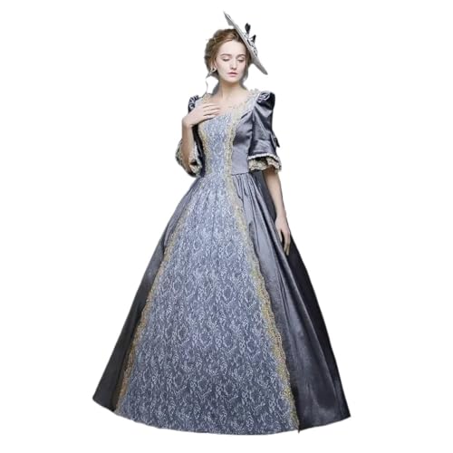 ZACUNXY Mittelalter Kostüm, Mittelalter Kleidung 18. Jahrhundert Mittelalterliche Frauen Hohe Taille Halbarm Ballkleider Prinzessin Spitze Patchwork Satin Kleid Königin Kostüm(Gray,4XL) von ZACUNXY