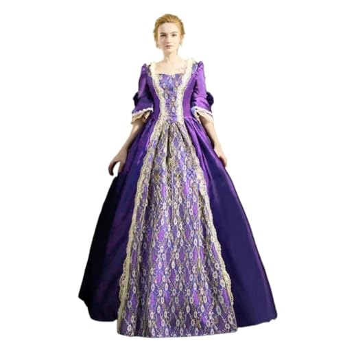 ZACUNXY Mittelalter Kostüm, Mittelalter Kleidung 18. Jahrhundert Mittelalterliche Frauen Hohe Taille Halbarm Ballkleider Prinzessin Spitze Patchwork Satin Kleid Königin Kostüm(Purple,3XL) von ZACUNXY
