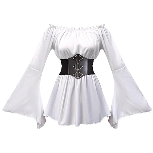 ZACUNXY Mittelalter Kostüm, Mittelalter Kleidung Damen Retro Mittelalter Rock Vintage Cosplay Kostüm Langarm Off Shoulder Patchwork Partykleid(White Top,M) von ZACUNXY