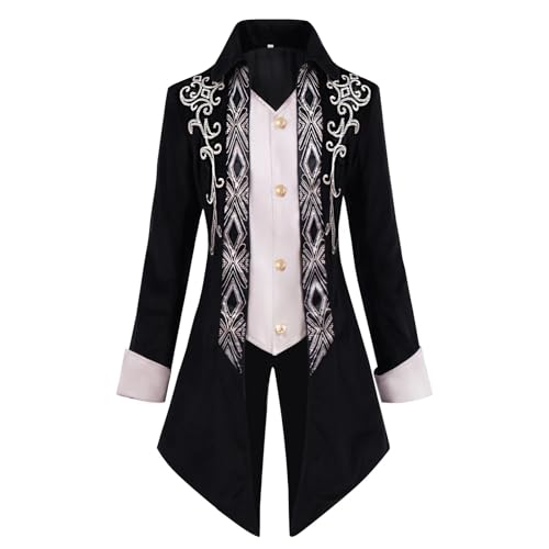 ZACUNXY Mittelalter Kostüm, Mittelalter Kleidung Männer Mäntel Einreiher Lose Jacke Mode Männlichen Halloween Trend Stickerei Tops(Black,M) von ZACUNXY