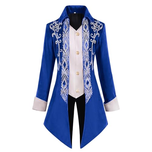 ZACUNXY Mittelalter Kostüm, Mittelalter Kleidung Männer Mäntel Einreiher Lose Jacke Mode Männlichen Halloween Trend Stickerei Tops(Blue,XL) von ZACUNXY