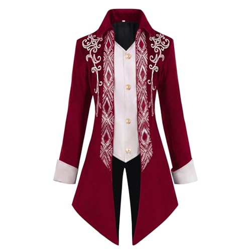 ZACUNXY Mittelalter Kostüm, Mittelalter Kleidung Männer Mäntel Einreiher Lose Jacke Mode Männlichen Halloween Trend Stickerei Tops(Red,M) von ZACUNXY