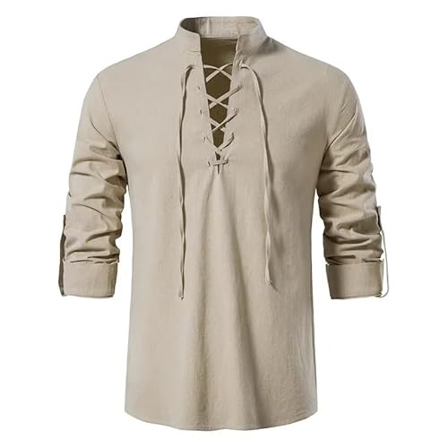 ZACUNXY Mittelalter Kostüm, Mittelalter Kleidung Mittelalterliches Herren-Langarmhemd aus Baumwolle und Leinen, lässiges Stehkragenhemd mit Kordelzug(XL) von ZACUNXY