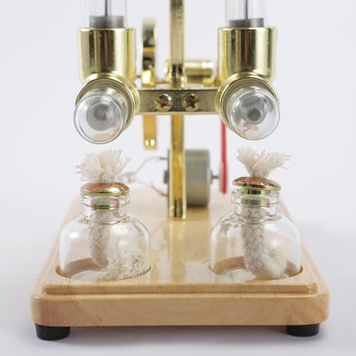 ZAICOLER Stirling Motor, Doppelzylinderbalance mit Eichenbasisplatte und Tropfhandwerkskunst Stirling Motor Kit Dampfmotor -Kit für Bildungsausstellungen und Kinderunterhaltung (Gold) von ZAICOLER
