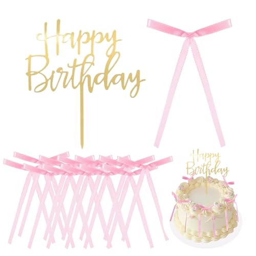 Rosa Schleifenkuchenaufsätze: 20 Stück rosa Schleifenbänder Kuchendekoration – Bogen-Kuchenaufsätze 1 "Happy Birthday" Cupcake-Topper – Anzug für Babyparty, Kindergeburtstag, Hochzeit von ZALAOR