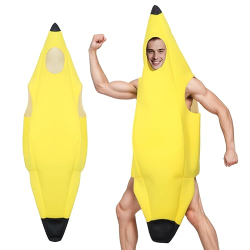 ZALAOR Bananenkostüm Verkleidung für Erwachsene: lustiges Bananen-Outfit für Halloween, Party, Karneval, Weihnachten, Cosplay, leichtes und bequemes Obstkostüm für Männer und Frauen (Gelb) von ZALAOR