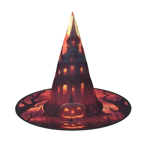 Die Krähe am Eingang des Schlosses Halloween Hut - Gruseliges Party-Kostüm-Accessoire mit Volldruck-Design - Leichter faltbarer Hexenhut für Halloween, Karneval, Maskerade & Rollenspiel-Events von ZAQXSWCDEV