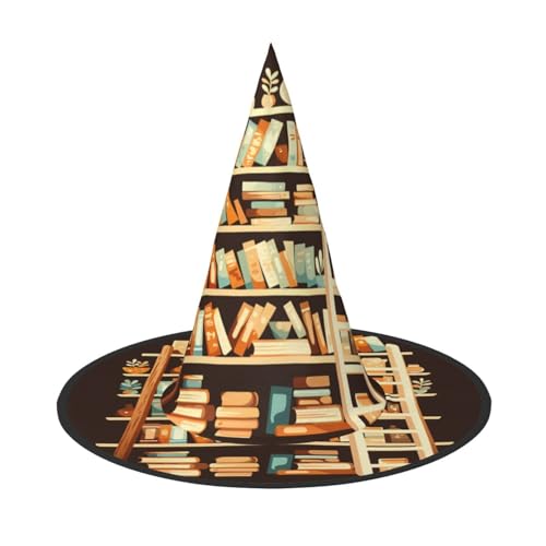 Ein Bücherregal gefüllt mit Büchern Halloween Hut - Gruseliges Party-Kostüm-Accessoire mit Volldruck-Design - Leichter faltbarer Hexenhut für Halloween, Karneval, Maskerade & Rollenspiel-Events von ZAQXSWCDEV