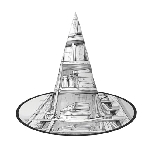 Ein Bücherregal gefüllt mit Büchern Halloween Hut - Gruseliges Party-Kostüm-Accessoire mit Volldruck-Design - Leichter faltbarer Hexenhut für Halloween, Karneval, Maskerade & Rollenspiel-Events von ZAQXSWCDEV