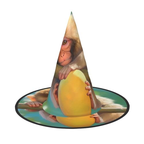 ZAQXSWCDEV Affe mit Mango Halloween Hut - Gruseliges Party-Kostüm-Accessoire mit Volldruck-Design - Leichter faltbarer Hexenhut für Halloween, Karneval, Maskerade & Rollenspiel-Events von ZAQXSWCDEV