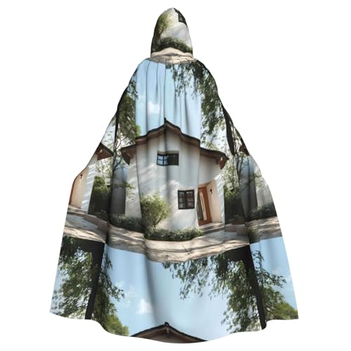 ZAQXSWCDEV Ein weißes Haus-Kapuzenumhang – Allover-Print-Design, Polyester-Material, bequem und langlebig, perfekt für Halloween, Cosplay und mehr von ZAQXSWCDEV