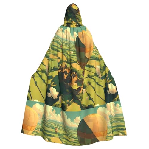 ZAQXSWCDEV Heißluftballon-Kapuzenumhang – Allover-Druck-Design, Polyester-Material, bequem und langlebig, perfekt für Halloween, Cosplay und mehr von ZAQXSWCDEV