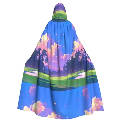 ZAQXSWCDEV Kapuzenumhang mit Grasland und Bäumen – Allover-Druck-Design, Polyester-Material, bequem und langlebig, perfekt für Halloween, Cosplay und mehr von ZAQXSWCDEV