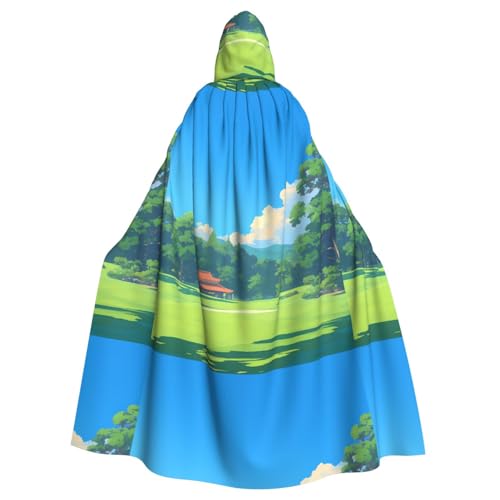 ZAQXSWCDEV Kapuzenumhang mit Grasland und Bäumen – Allover-Druck-Design, Polyester-Material, bequem und langlebig, perfekt für Halloween, Cosplay und mehr von ZAQXSWCDEV