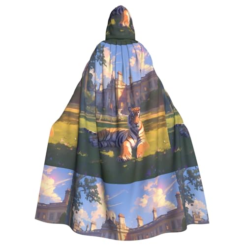 ZAQXSWCDEV Kapuzenumhang mit liegendem Tiger, Allover-Druck-Design, Polyester-Material, bequem und langlebig, perfekt für Halloween, Cosplay und mehr von ZAQXSWCDEV