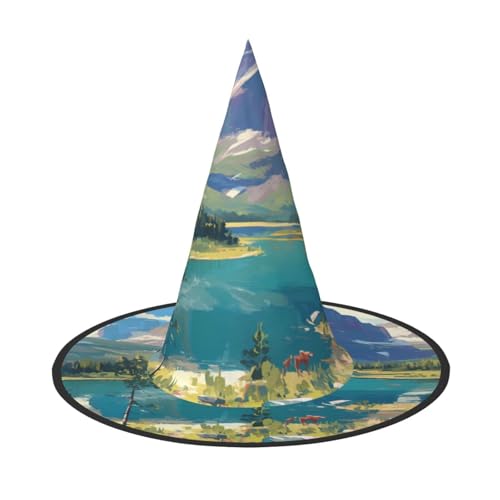 ZAQXSWCDEV Landschaftsbilder Halloween Hut - Gruseliges Party-Kostüm-Accessoire mit Volldruck-Design - Leichter faltbarer Hexenhut für Halloween, Karneval, Maskerade & Rollenspiel-Events von ZAQXSWCDEV