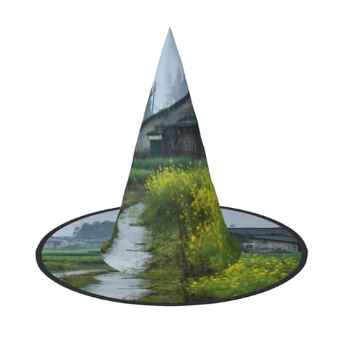 ZAQXSWCDEV Rural Scenery Halloween Hut - Gruseliges Party-Kostüm-Accessoire mit Volldruck-Design - Leichter faltbarer Hexenhut für Halloween, Karneval, Maskerade & Rollenspiel-Events von ZAQXSWCDEV