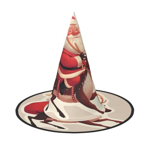 ZAQXSWCDEV Weihnachtsmann reitet auf einem Hirsch Halloween Hut - Gruseliges Party-Kostüm-Accessoire mit Volldruck-Design - Leichter faltbarer Hexenhut für Halloween, Karneval, Maskerade von ZAQXSWCDEV