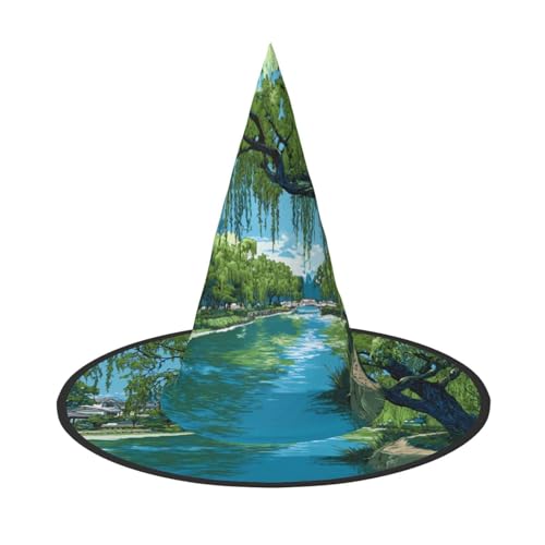 ZAQXSWCDEV Willow Trees By The River Halloween Hut - Gruseliges Party-Kostüm-Accessoire mit Volldruck-Design - Leichter faltbarer Hexenhut für Halloween, Karneval, Maskerade & Rollenspiel-Events von ZAQXSWCDEV