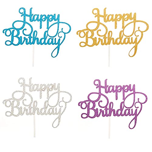Happy Birthday Tortendeko Geburtstag, 4 Stück Bunt Kuchendeko Cake Torten Kuchen Topper Girlande, Glitzer Cupcake Tortenstecker für Mädchen Junge Mann Frau Kinder Geburtstag Taufe Party Deko, 4 Farben von ZAWTR