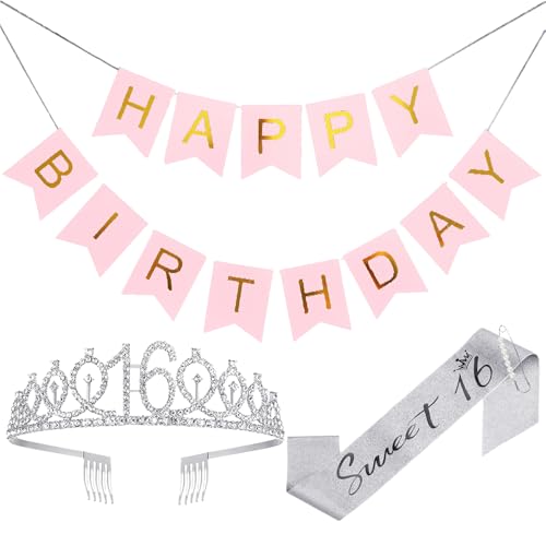 3-teiliges Zubehörset zum 16. Geburtstag, Haarband mit Diamantkrone, Schultergurt zum 16. Geburtstag, Happy Birthday-Flagge, Partyzubehör zum 16. Geburtstag 3-teiliges Zubehörset zum 16. Geburtstag, Haarband mit Diamantkrone, Schultergurt zum 16. Geburtstag, Happy Birthday-Flagge, Partyzubehör zum 16. Geburtstag von ZBHDEYG
