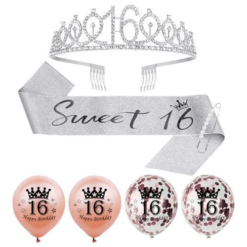 6-teiliges Zubehörset zum 16. Geburtstag, Diamantkronen-Stirnband, Gürtelzubehör zum 16. Geburtstag, Geburtstagsballons mit Zahlen, geeignet für die Party zum 16. von ZBHDEYG