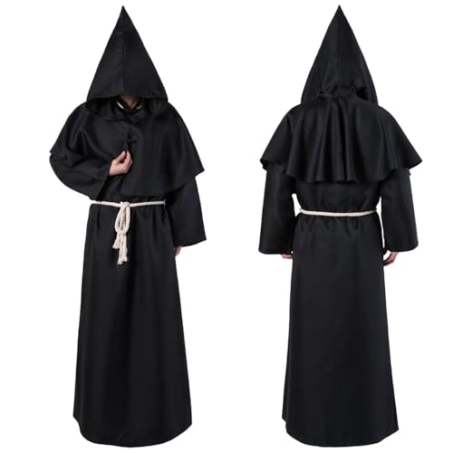 ZCJ Halloween Kostüm Herren, Mönchskostüm Herren - Priester Gewand mit schwarzem Umhang & Kapuze, Horror Scream Halloween Kostüm für Erwachsene Halloween Party, Cosplay, Karneval L von ZCJ
