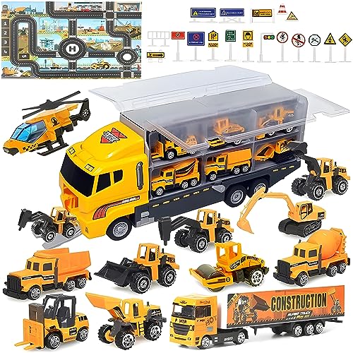 ZCOINS Bauspielzeugset mit 1 großen LKW und 11 Streichholzschachtelfahrzeugen mit Autospielmatte und Verkehrsschildaufklebern Jungenspielzeug für 3 4 5 von ZCOINS