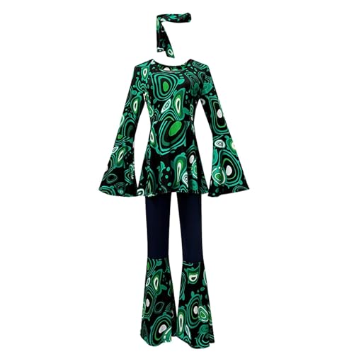 70er Jahre Groovy Babe Kostüm Damen Oberteil Schlaghose Bedrucktes Oberteil Hose Gespleißt Set mit Hijab Damen Karneval Rave-Party Clubwear Mottoparty (Armeegrün, M) von ZCXCsfp