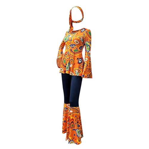ZCXCsfp 70er Jahre Groovy Babe Kostüm Damen Oberteil Schlaghose Bedrucktes Oberteil Hose Gespleißt Set mit Hijab Damen Karneval Rave-Party Clubwear Mottoparty (Orange, M) von ZCXCsfp