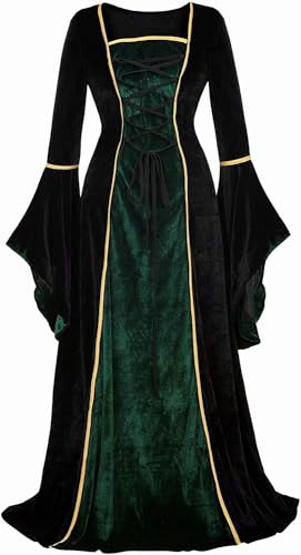 ZCXCsfp Renaissance-Kostüm für Damen, mittelalterliches Samtkleid, irisches Vintage-Stil, viktorianische Fee, Hexenkostüme, Party, Halloween (Schwarzgrün, XL) von ZCXCsfp