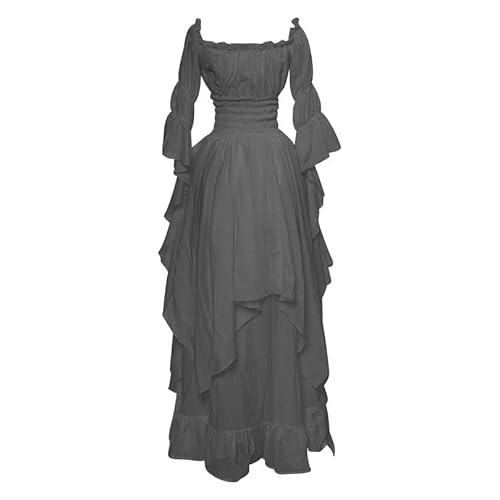ZCXCsfp Viktorianisches Damenkleid, Renaissance, Retro, Mittelalter, irisch, lang, schulterfrei, Gothic, Maxi, Piratenkleid, Bauernkleid, Rüschen, mehrlagig (Grau, S) von ZCXCsfp