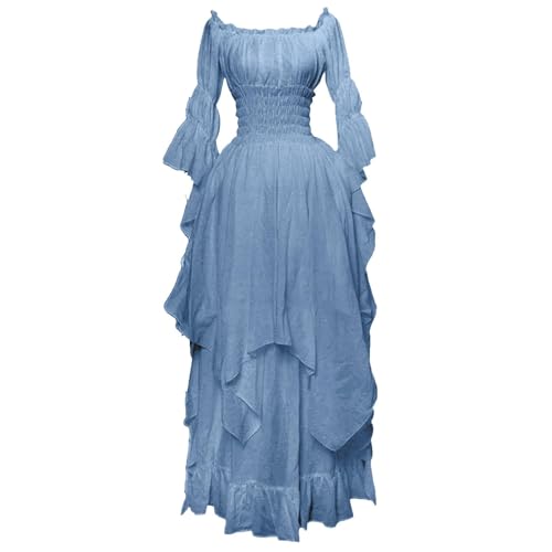 ZCXCsfp Viktorianisches Kleid für Damen, Renaissance, Retro, Mittelalter, Irisch, Lang, Schulterfrei, Gothic, Maxi, Pirat, Bauernkleid, Rüschen, Lagenweise (#01 Himmelblau, L) von ZCXCsfp