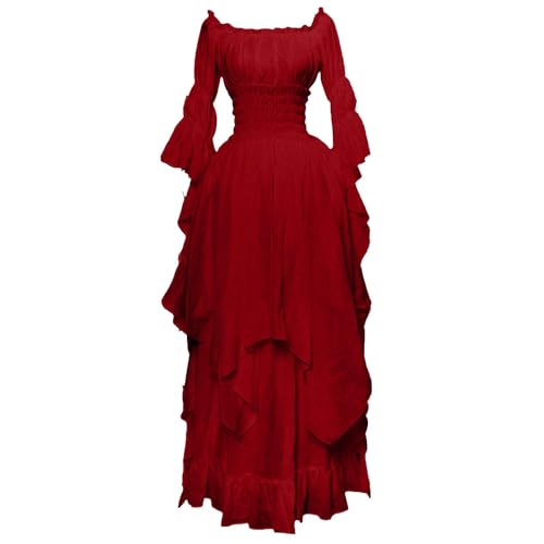 ZCXCsfp Viktorianisches Kleid für Damen, Renaissance, Retro, Mittelalter, Irisch, Lang, Schulterfrei, Gothic, Maxi, Pirat, Bauernkleid, Rüschen, Lagenweise (#01 Rot, 3XL) von ZCXCsfp