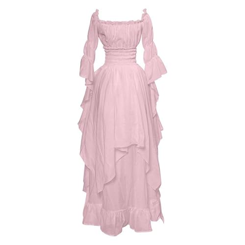 ZCXCsfp Viktorianisches Kleid für Damen, Renaissance, Retro, Mittelalter, Irisch, Lang, Schulterfrei, Gothic, Maxi, Pirat, Bauernkleid, Rüschen, Lagenweise (Rosa, L) von ZCXCsfp