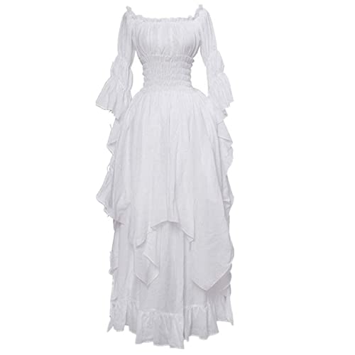 ZCXCsfp Viktorianisches Kleid für Damen, Renaissance, Retro, Mittelalter, Irisch, Lang, Schulterfrei, Gothic, Maxi, Pirat, Bauernkleid, Rüschen, Lagenweise (Weiß, XXL) von ZCXCsfp