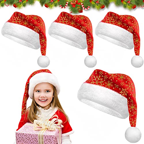 ZDQC 4 Stück Nikolausmütze,Weihnachtsmann Mütze Erwachsene,Nikolausmütze für Erwachsene und Kinder,Weihnachtsmütze Plüsch,Nikolausmütze mit Schneeflockenmuster von ZDQC