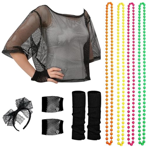 ZDQC 80er 90er Jahre Outfit Damen,80 Jahre Kostüm Zubehör Set,Neon Netz Shirt 10tgl,80er Jahre Accessoires Damen,80er Kostüm Accessoires,Neon 80 Jahre Outfit Party (Schwarz) von ZDQC