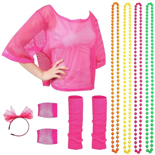 ZDQC 80er 90er Jahre Outfit Damen,80 Jahre Kostüm Zubehör Set,Neon Netz Shirt 10tgl,80er Jahre Accessoires Damen,80er Kostüm Accessoires,Neon 80 Jahre Outfit Party (Neon Rosa) von ZDQC