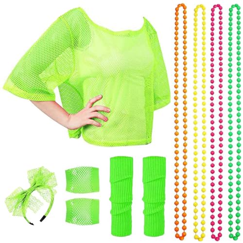 ZDQC 80er 90er Jahre Outfit Damen,80 Jahre Kostüm Zubehör Set,Neon Netz Shirt 10tgl,80er Jahre Accessoires Damen,80er Kostüm Accessoires,Neon 80 Jahre Outfit Party (Neon Grün) von ZDQC