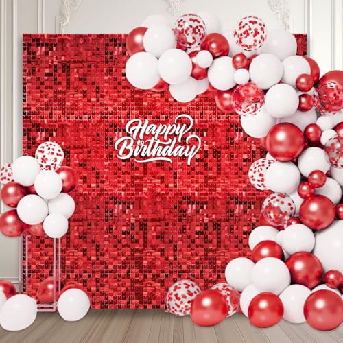 12 x roter schimmernder Wandhintergrund, Laser-Pailletten, Foto-Hintergründe, Glitzer-Wandhintergrund für Geburtstage, Hochzeiten, Weihnachten, Verlobungen, Disco-Bachelorette-Party-Dekoration (90 x von ZEBMOON