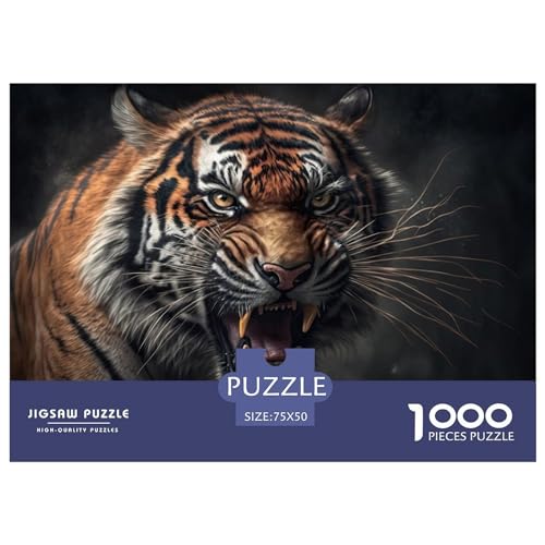 1000 Teile Puzzle mit wütendem Tiger für Erwachsene und Kinder, kreatives rechteckiges Puzzle, Holzpuzzle, lustiges Lernspielzeug, 1000 Teile (75 x 50 cm) von ZEBWAY