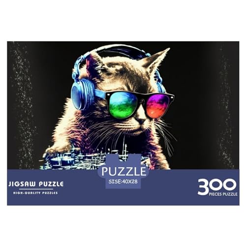 300-teiliges Puzzle für Erwachsene, Katzenkopfhörer-DJ-Musik-Puzzlesets für Familien, Holzpuzzles, Brain Challenge-Puzzle, 300 Teile (40 x 28 cm) von ZEBWAY