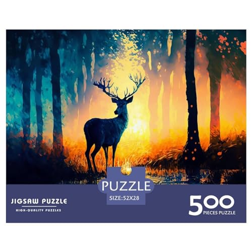 500 Teile Puzzles Hirsch Sonnenuntergang Holzpuzzles Anspruchsvolles Spiel Quadratische Puzzles für Erwachsene und Kinder 500 Teile (52 x 38 cm) von ZEBWAY