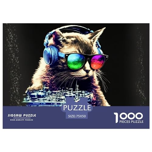 Puzzle 1000 Teile für Erwachsene, Katze, Kopfhörer, DJ, Musik, Puzzle für Erwachsene, 1000 Teile (75 x 50 cm) von ZEBWAY