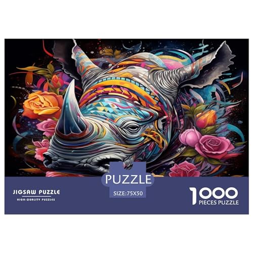 Puzzles für Erwachsene, 1000-teilige Puzzles für Erwachsene, Nashorn-Blume, kreative rechteckige Puzzles, Holzpuzzle, Puzzle 1000 Teile (75 x 50 cm) von ZEBWAY