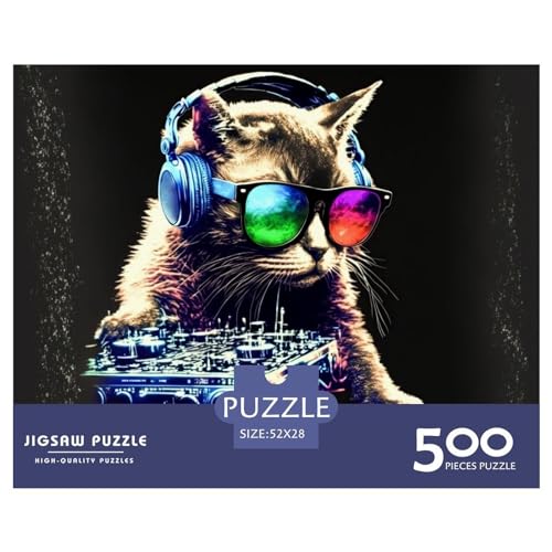 Puzzles für Erwachsene, 500 Teile, Katzenkopfhörer, DJ, Musik, Geschenk, Holzbrettpuzzles für Erwachsene, lustig, 500 Teile (52 x 38 cm) von ZEBWAY