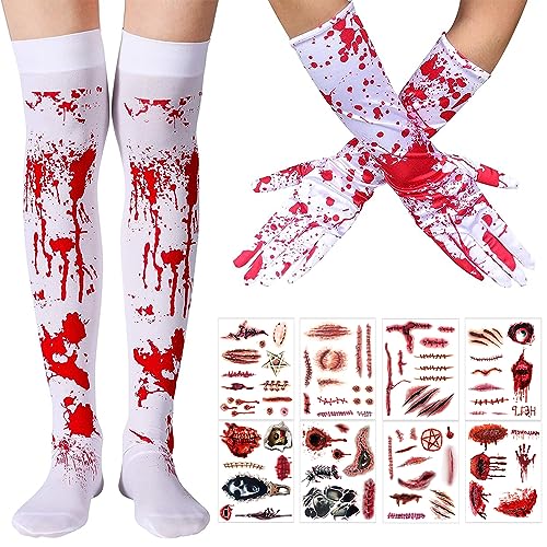 Halloween Blutige Handschuhe Socken Set mit 8 Blatt groß Halloween Temporäre Tattoos Temporäre Zombie Narbe Tattoos Aufkleber, Halloween Make up Set für Halloween Dekoration Cosplay Party Kostüm (A) Halloween Blutige Handschuhe Socken Set mit 8 Blatt groß Halloween Temporäre Tattoos Temporäre Zombie Narbe Tattoos Aufkleber, Halloween Make up Set für Halloween Dekoration Cosplay Party Kostüm (A) von ZELAITE